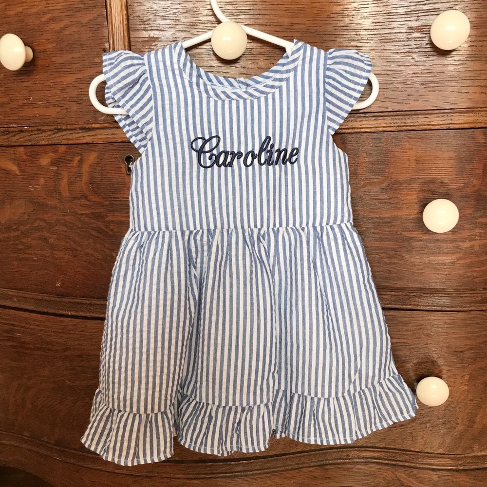 Embroidered toddler dress. Blue and white striped. Size 12 months.